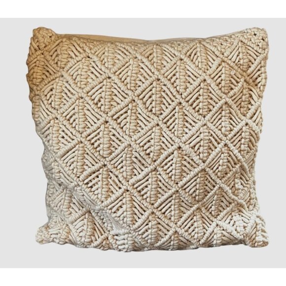 Handwoven Macrame Boho Throw Pillow Cover Cream Wool/Cotton Back 20" Square Zip - Picture 2 of 11